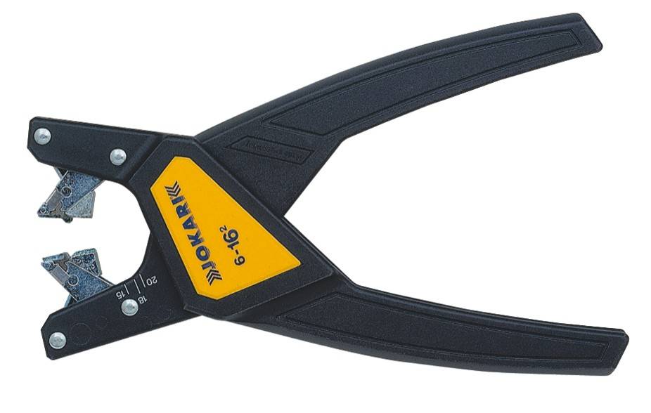 Kliješta za skidanje izolacije sa žutom etiketom 'OKAR 6-16²', crnom plastičnom ručkom, podesiva za skidanje izolacije s kabela.