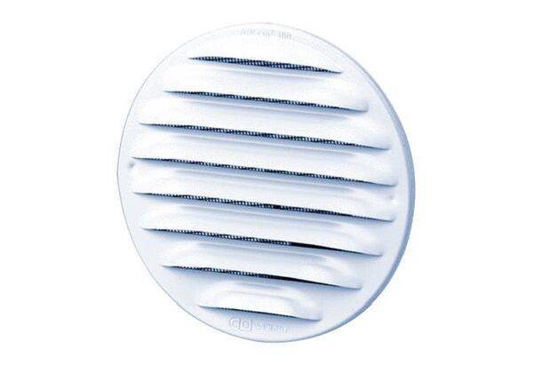Okrugla bijela ventilacijska poklopnica s horizontalnim otvorima za cirkulaciju zraka, tehnička funkcija.