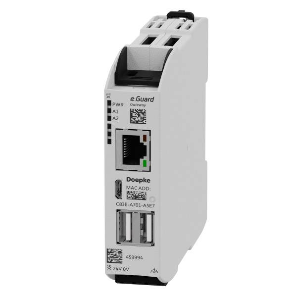 Elektronički uređaj bijele boje sa Ethernet i USB priključcima te LED indikatorima. Označen natpisima 'e.Guard' i 'Doepke'.