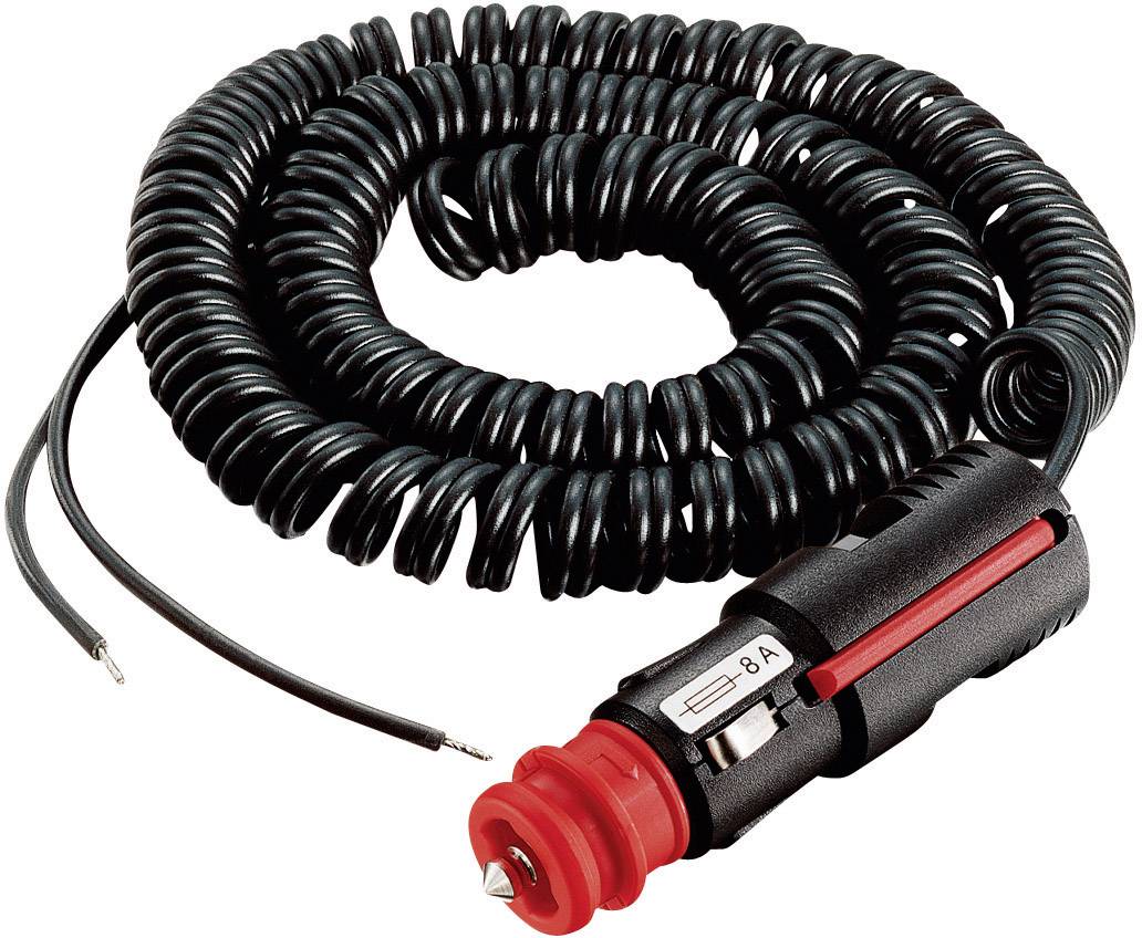 Crni, spiralni kabel s crvenim utičkom za upaljač i dva gola žica na drugom kraju.