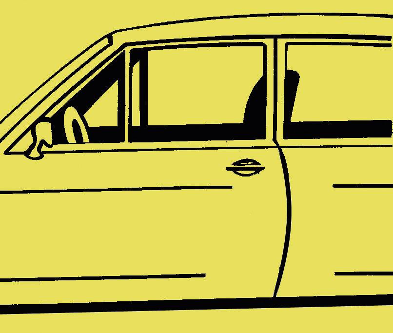 Crtež automobila sa strane, na žutoj pozadini. Vidljivi su prozori, retrovizori i vrata.