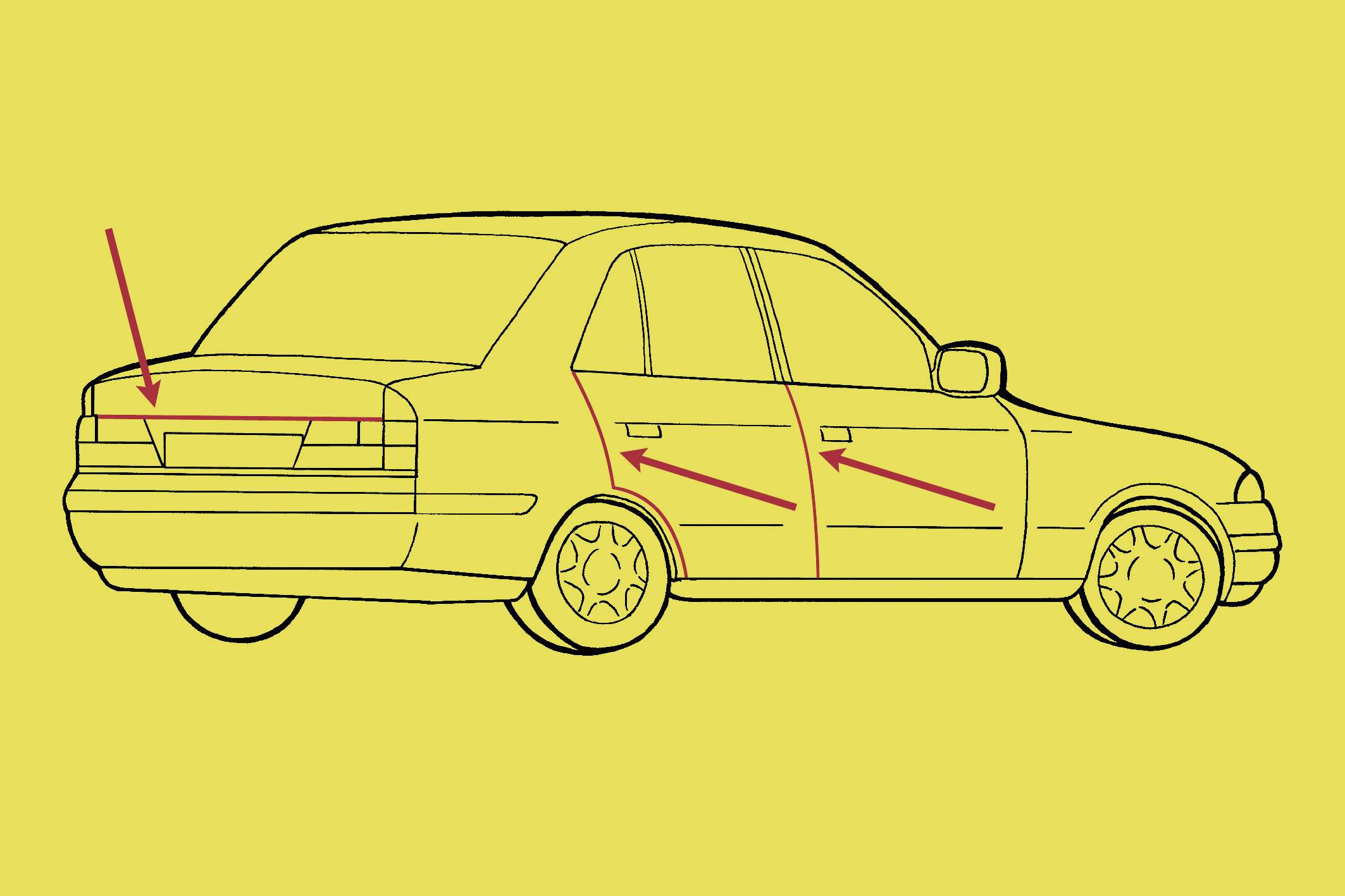 Dijagram automobila sa strelicama usmjerenim prema prtljažniku i vratima. One prikazuju područja karoserije koja bi trebala biti provjerena.