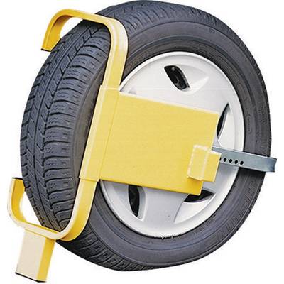 Automobilska guma s žutom kočnicom kotača koja blokira vozilo. Kočnica sprečava pomicanje gume.