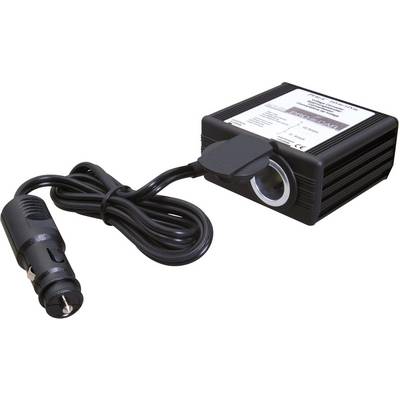 Crni 12V adapter s kabelom i utikačem za upaljač, korišten u vozilima za napajanje ili punjenje uređaja.