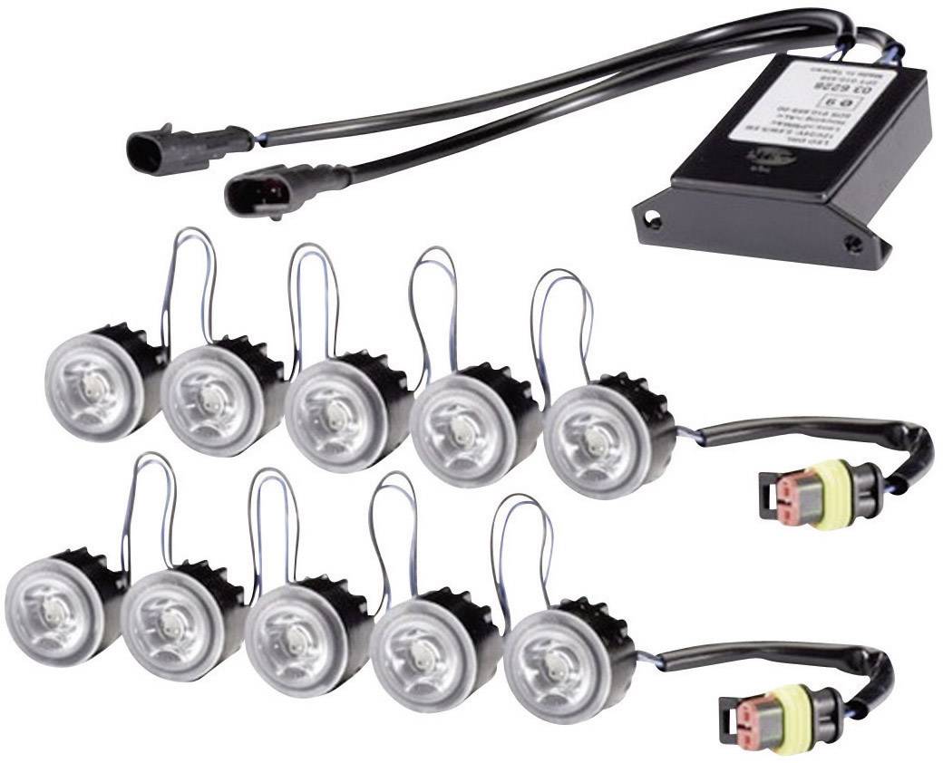 LED svjetlosni komplet s nekoliko okruglih svjetala i elektroničkim modulom, međusobno povezanih kabelima, za primjenu u vozilima.