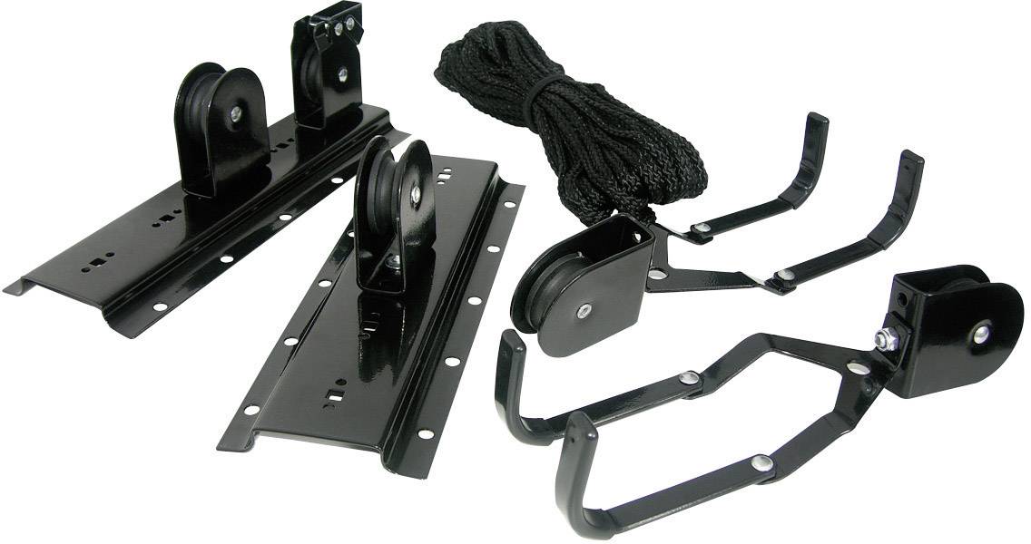 Set crnih metalnih nosača, užadi i rolni, vjerojatno za montažu ili vješanje sportske opreme ili bicikala.