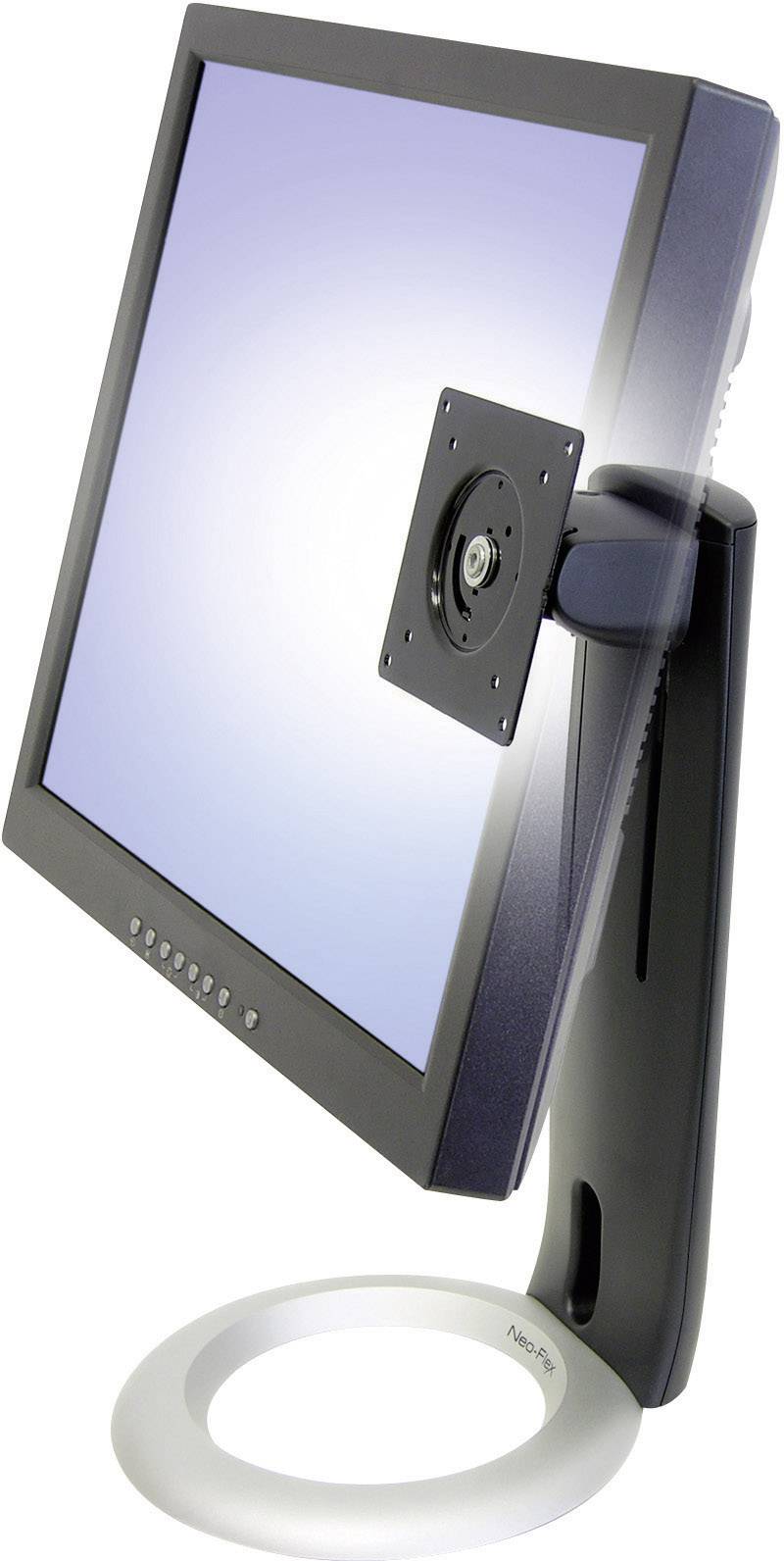 Ravni LCD računalni monitor sa podesivom bazom, pogledan sa strane. Zaslon je prazan i prikazuje blagi plavi ton.