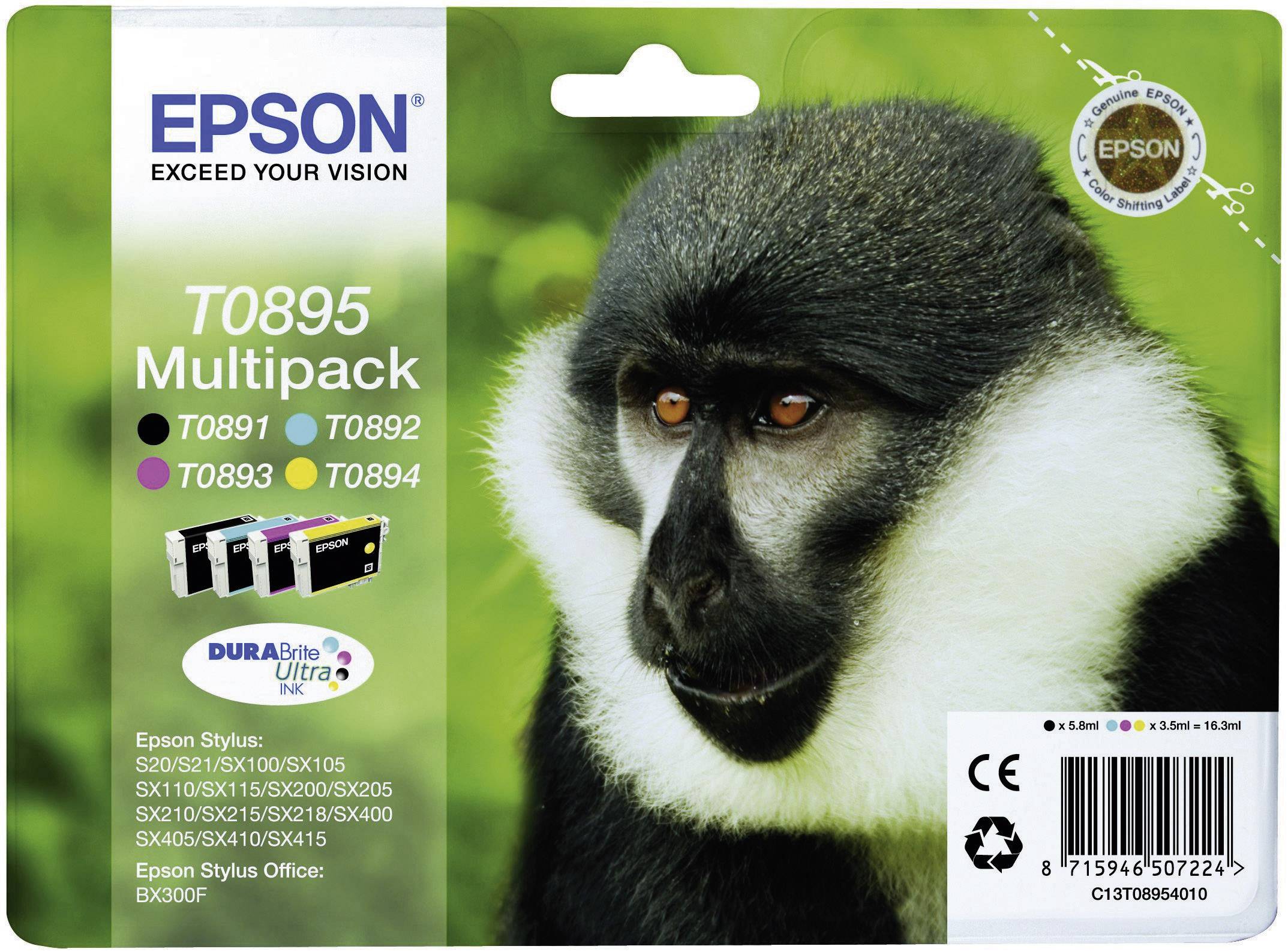 Ambalaža Epson T0895 Multipack prikazuje sliku majmuna s obojenim tintnim spremnicima za pisačke modele Epson Stylus SX i BX.
