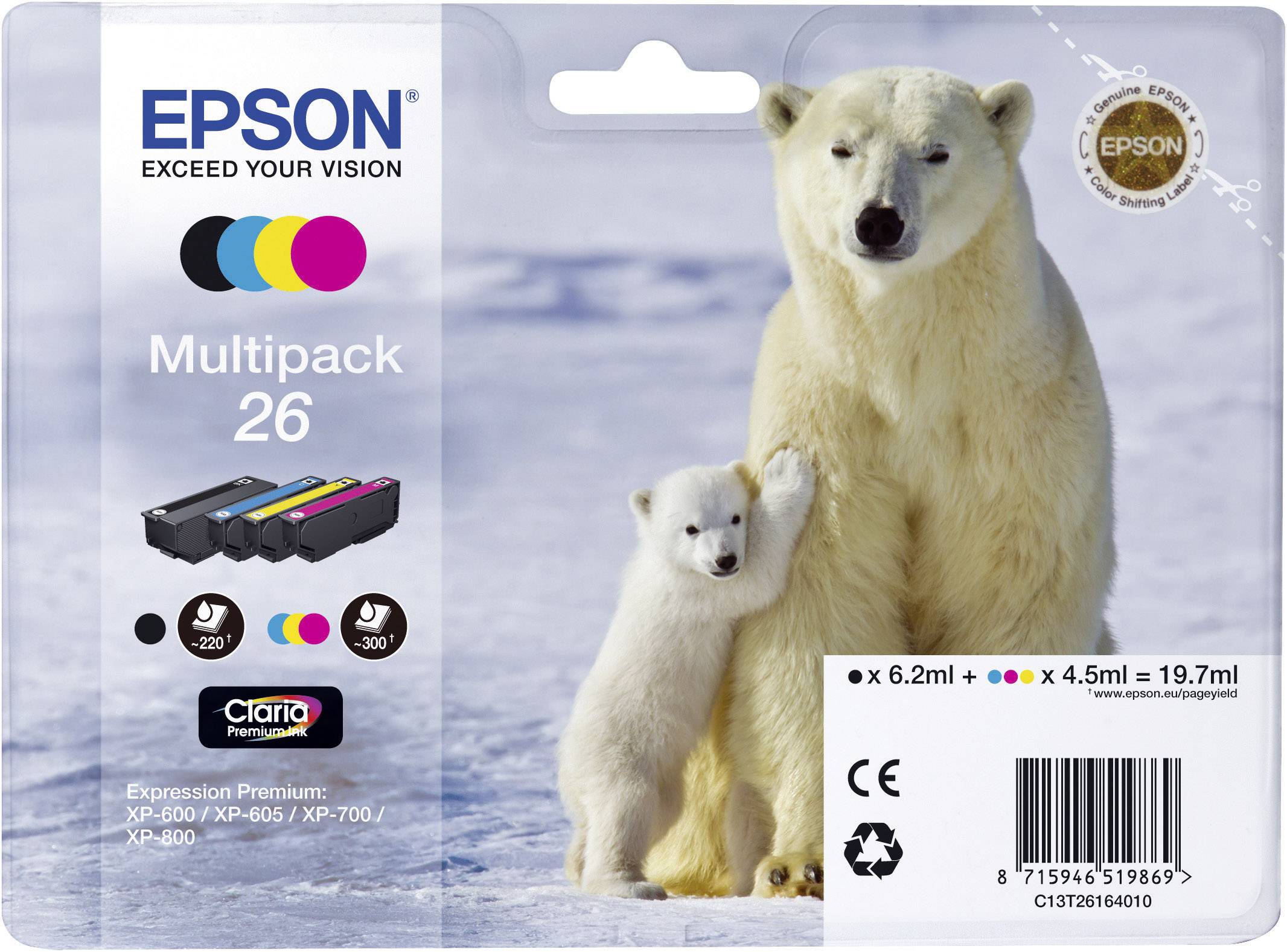 Ambalaža Epson Multipack 26 tinta prikazuje polarnog medvjeda s mladunčetom u snijegom prekrivenom krajoliku. Sadrži 4 patrona: crnu, cijan, magenta i žutu.