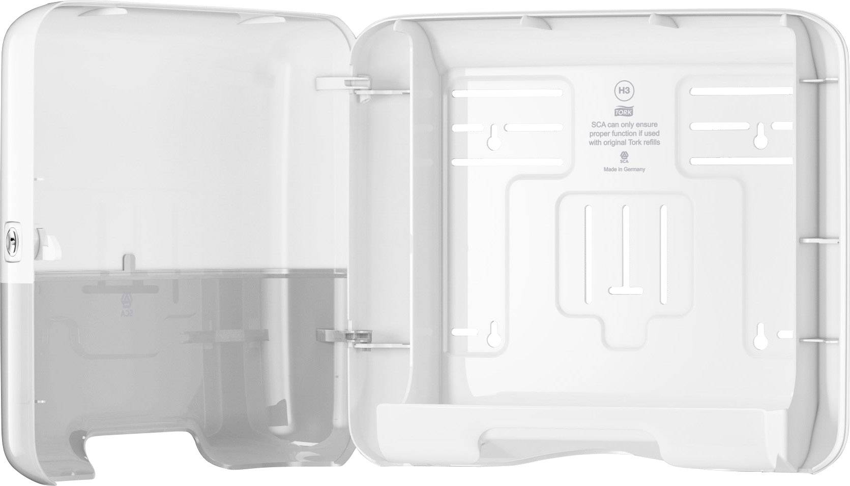 Otvoreni, prazan, bijeli dozator sapuna montiran na zidu, vidljiv iz plastike, prikazuje unutarnji mehanizam i prostor za dopunu.