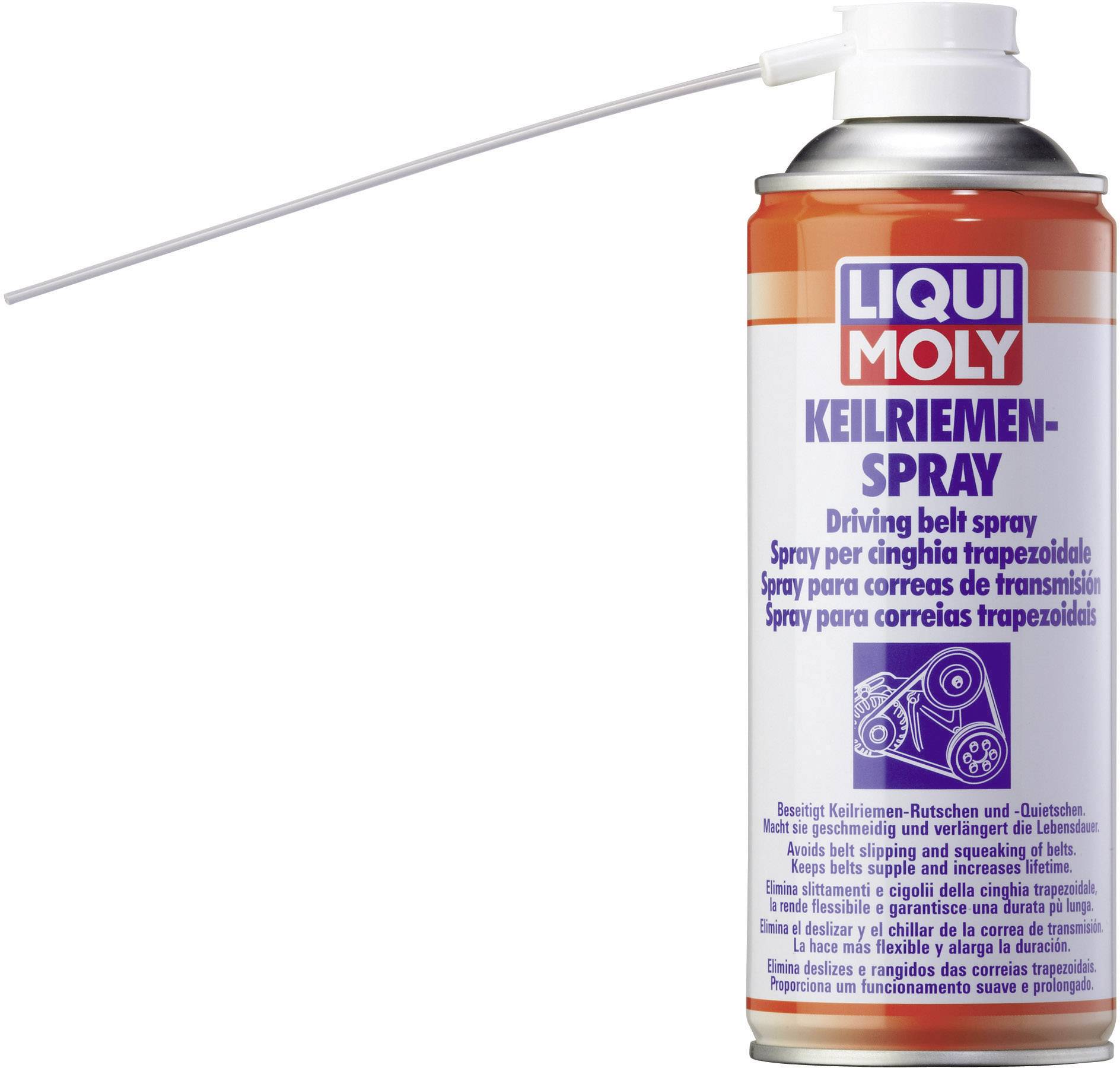 Limenka spreja za klinasti remen marke LIQUI MOLY s fine mlaznicom. Namijenjena je njezi i produženju vijeka trajanja klinastih remena.