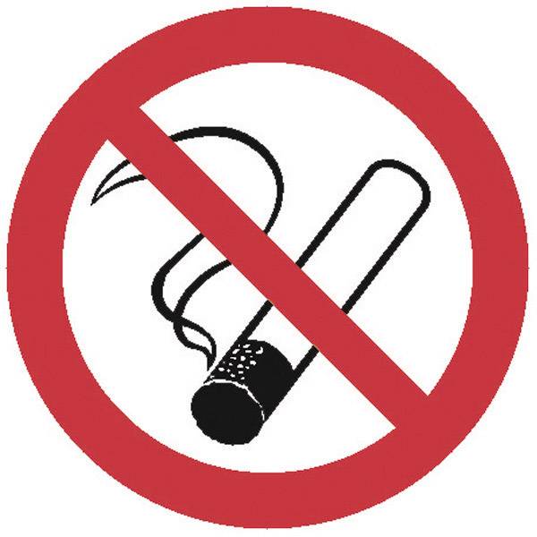 Okrugla, crvena zabranjena oznaka prikazuje precrtanu cigaretu, čime se zabranjuje pušenje.