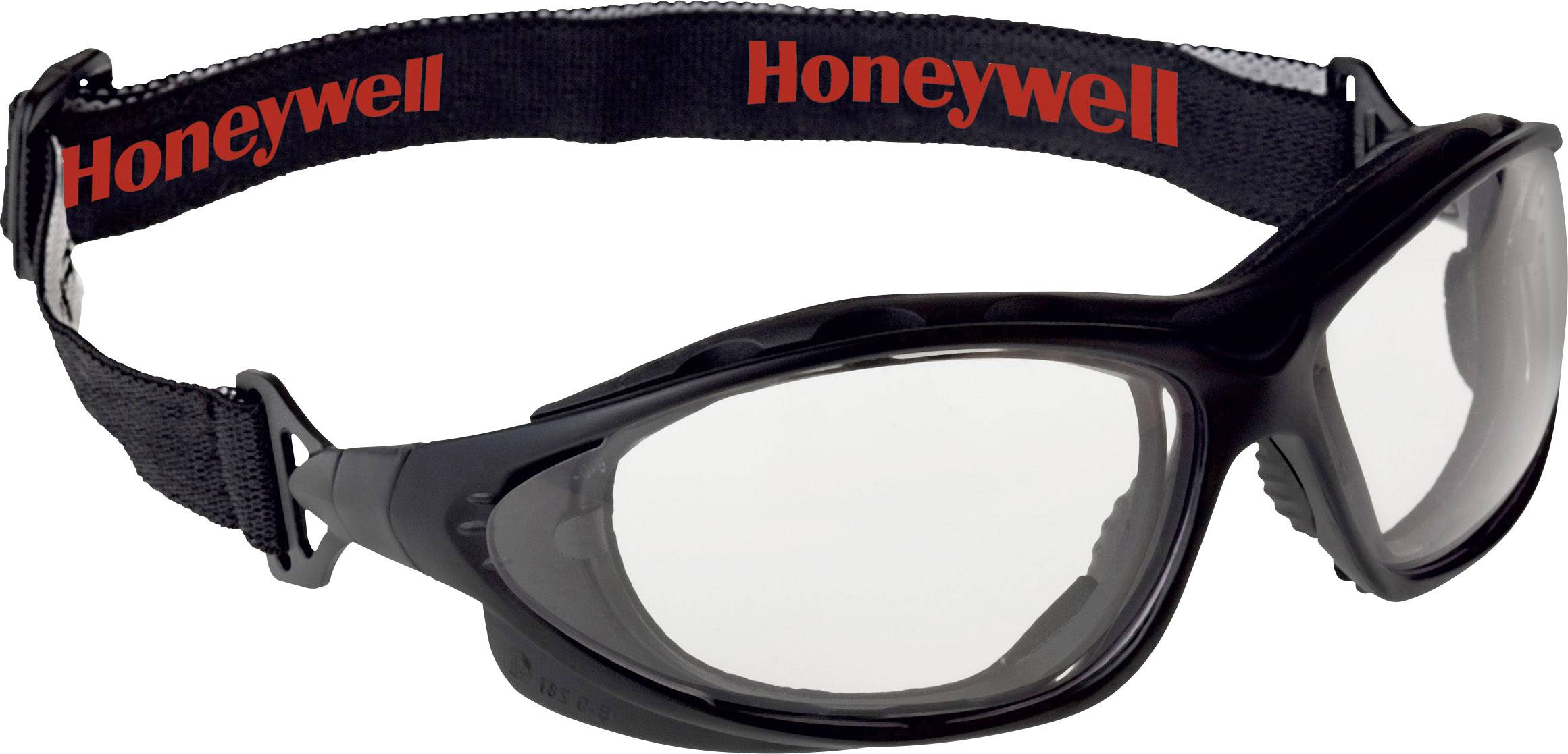 Zaštitne naočale s crnim okvirom i podesivom trakom na kojoj piše 'Honeywell' crvenom bojom. Pružaju zaštitu za oči tijekom rukotvornih radova.