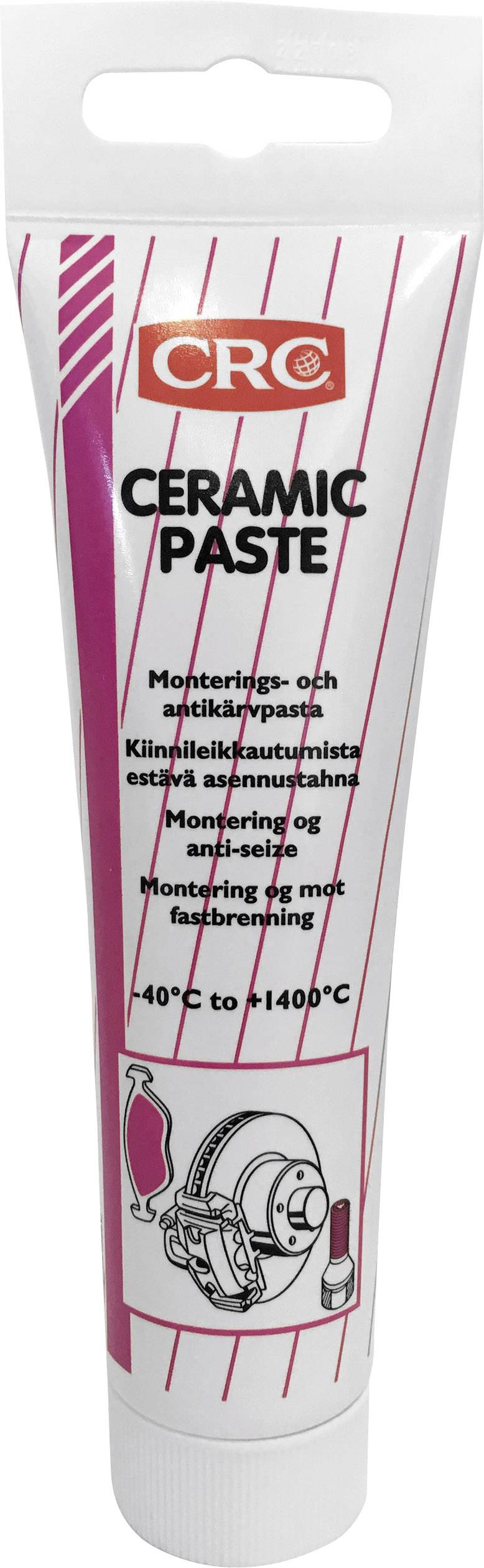 Cijev s natpisom 'CRC Ceramic Paste', pogodna za ugradnju od 40°C do 1400°C, prikaz autodijelova pored tiple.