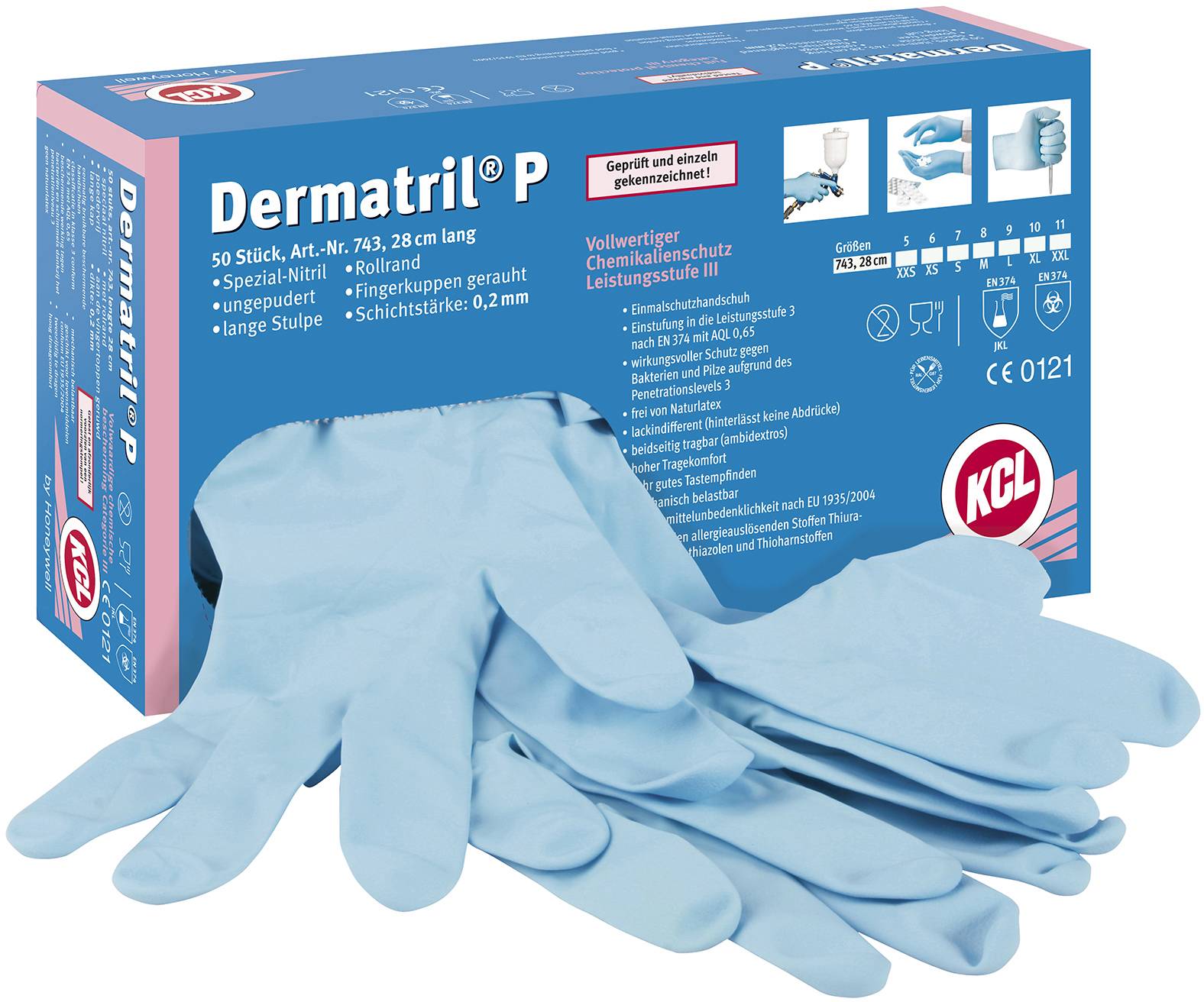 Kutija od 50 plavih jednokratnih nitrilnih rukavica 'Dermatril P'. Detalji o veličini i kemijskoj zaštiti nalaze se na pakiranju.