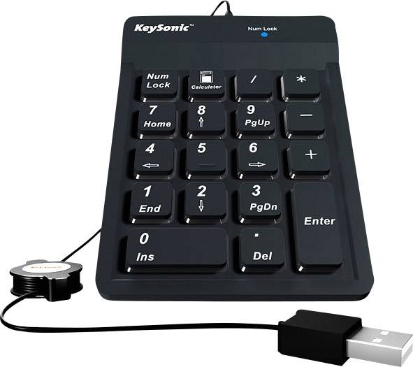 Keysonic ACK-118BK USB numerička tipkovnica fleksibilan, uvlačenje kabla, zaštita od prašine, zaštita od prskanja crna-1