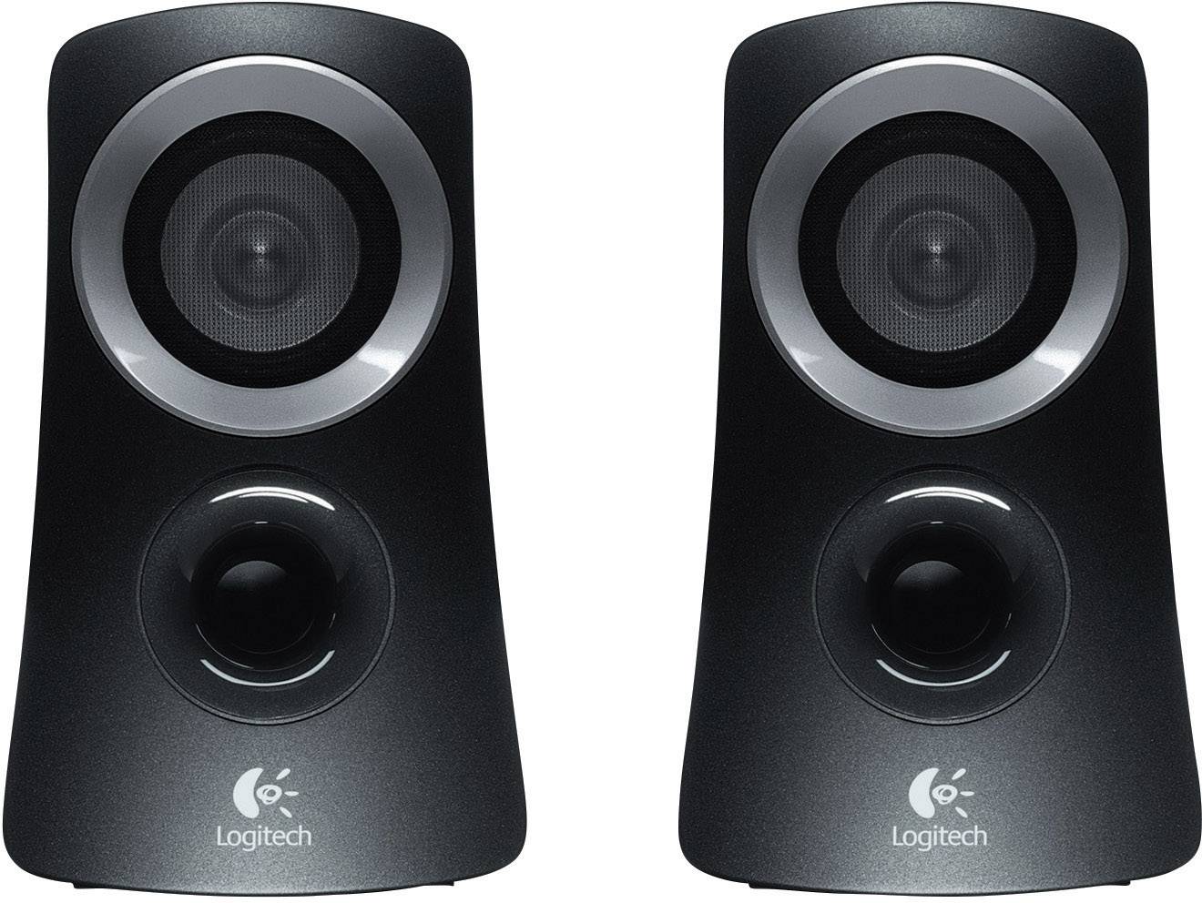 Dva crna Logitech zvučnika sa srebrnim rubovima i vidljivim logotipom pri dnu. Stoje jedan do drugog i identični su.