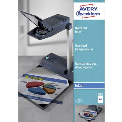 Grafoskop s folijom i 3D dijagramom u plavoj, crvenoj i zelenoj boji. Ambalaža tvrtke 'Avery Zweckform' prikazuje 'Folije za grafoskope'.