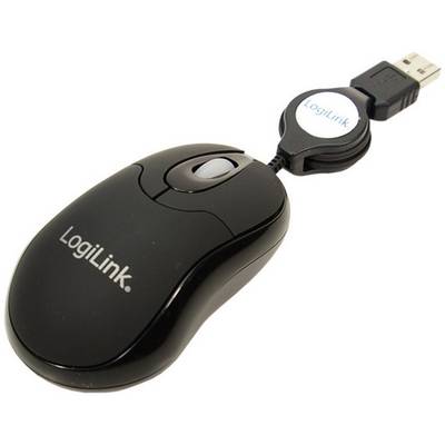 Crna kabelska miš LogiLink-a s USB priključkom i uvlačivim kabelom, pogodna za upravljanje računalom i navigaciju.