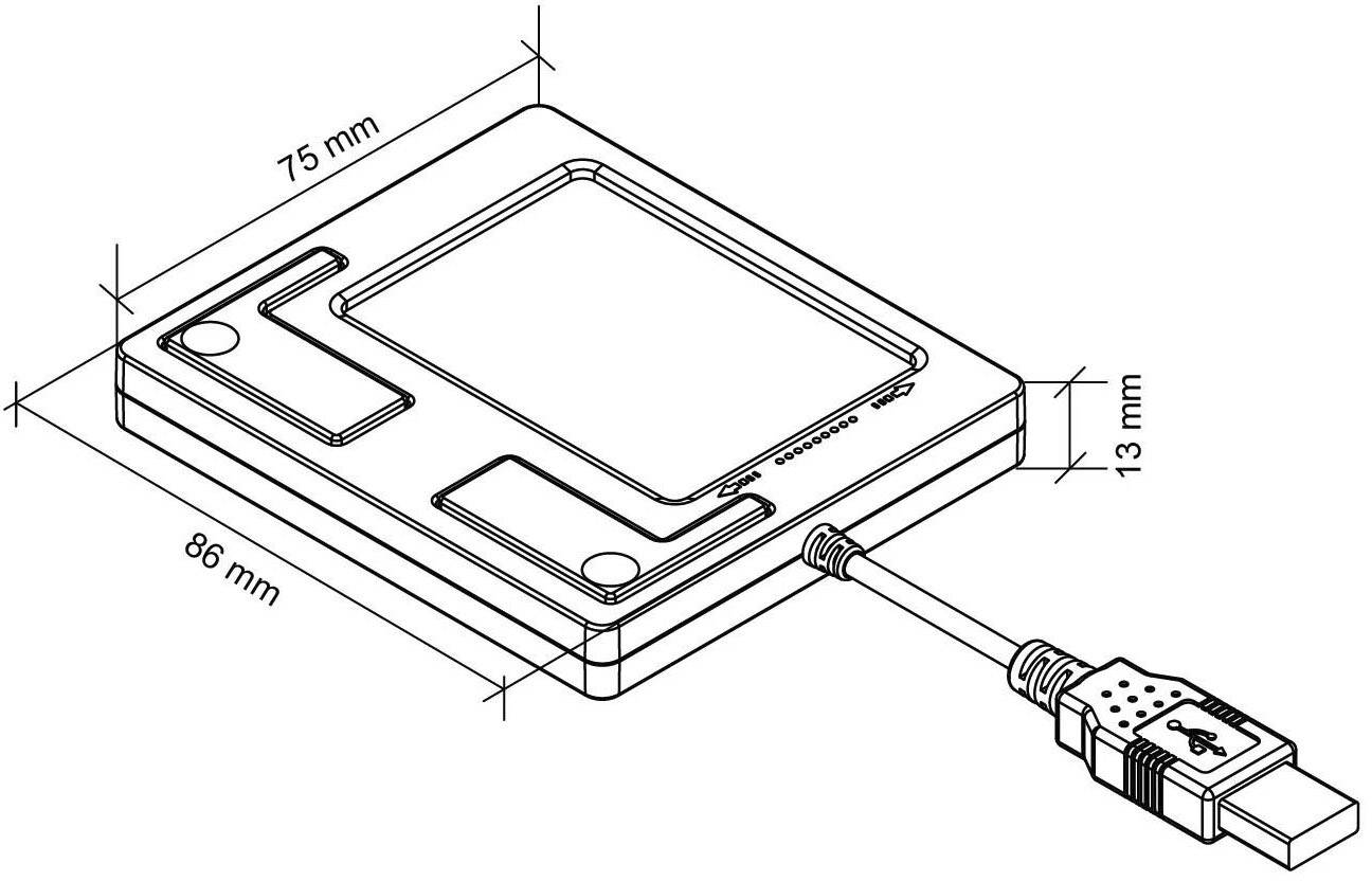 Skica prijenosnog USB uređaja dimenzija 75 mm x 86 mm x 13 mm, povezanog USB kabelom.