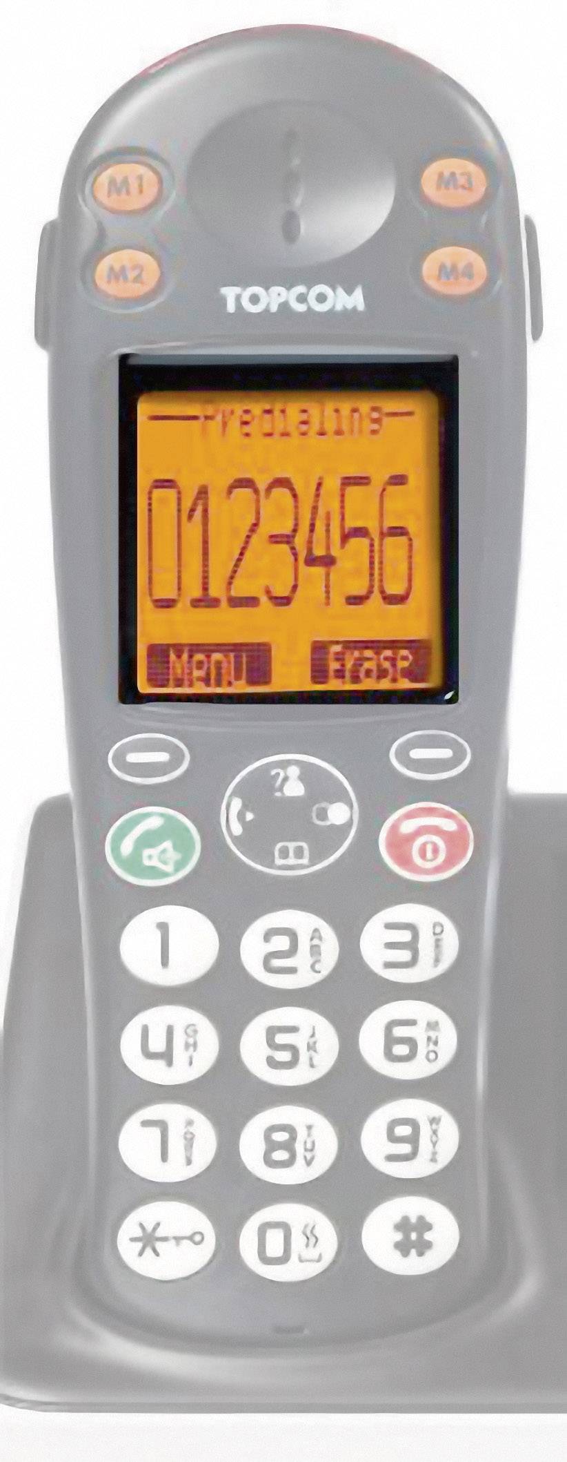 Bežični telefon s baznom stanicom i numeričkom tipkovnicom. Display prikazuje broj '0123456'. Prisutne su tipke za poziv i prekid poziva.