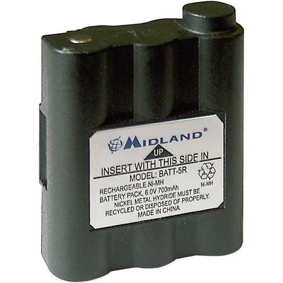Punjiva Ni-MH baterija tvrtke Midland, model BATT-5R, 6V 700mAh. Tekst upućuje na pravilno zbrinjavanje, izrađeno u Kini.