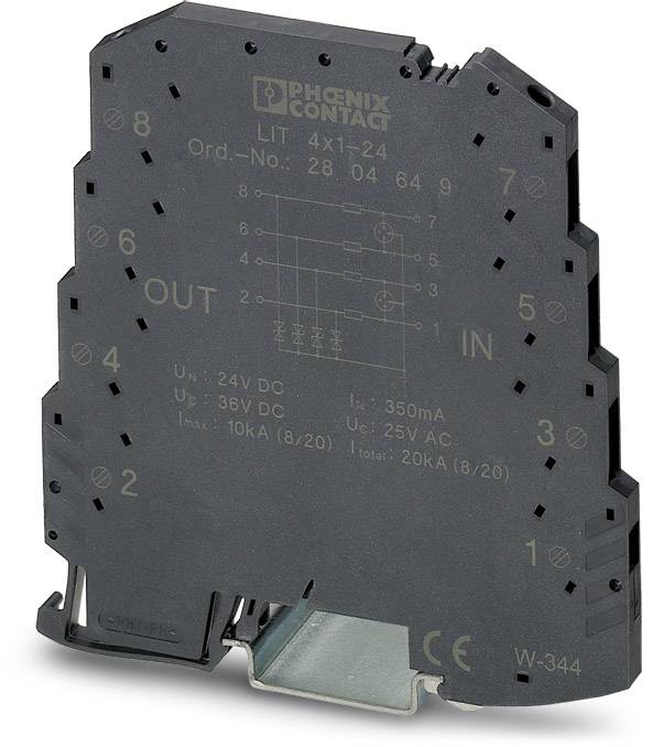 Elektronički preklopni relej modul od Phoenix Contact-a, model LIT 4x1-24, s priključcima za ulaze i izlaze, specificiran za 24V DC.