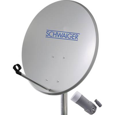 Satelitska antena tvrtke Schwaiger, postavljena na stupu. Prikazana je LNB jedinica.
