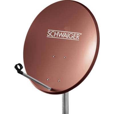 Satelitska antena u crvenoj boji s logom 'Schwaiger', montirana na stup.