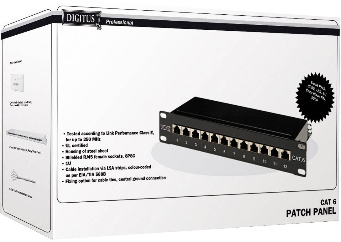 Digitalni CAT 6 Patch Panel Box prikazuje sliku patch panela sa 12 portova, tehničkim specifikacijama i detaljima certifikacije na pakiranju.