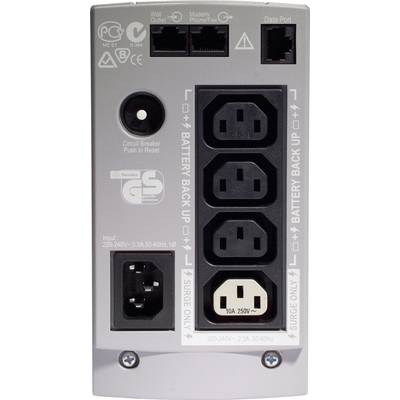 Pogled straga na UPS jedinici s utičnicama, ulazom, priključcima za podatke i modem. Sadrži tipku za resetiranje ('Circuit Breaker').