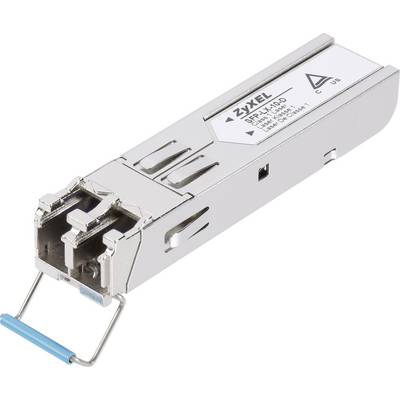 Srebrni mrežni modul s plavom povlačnom trakom i natpisom 'ZyXEL SFP-BX10D'. Koristi se u mrežnim uređajima.