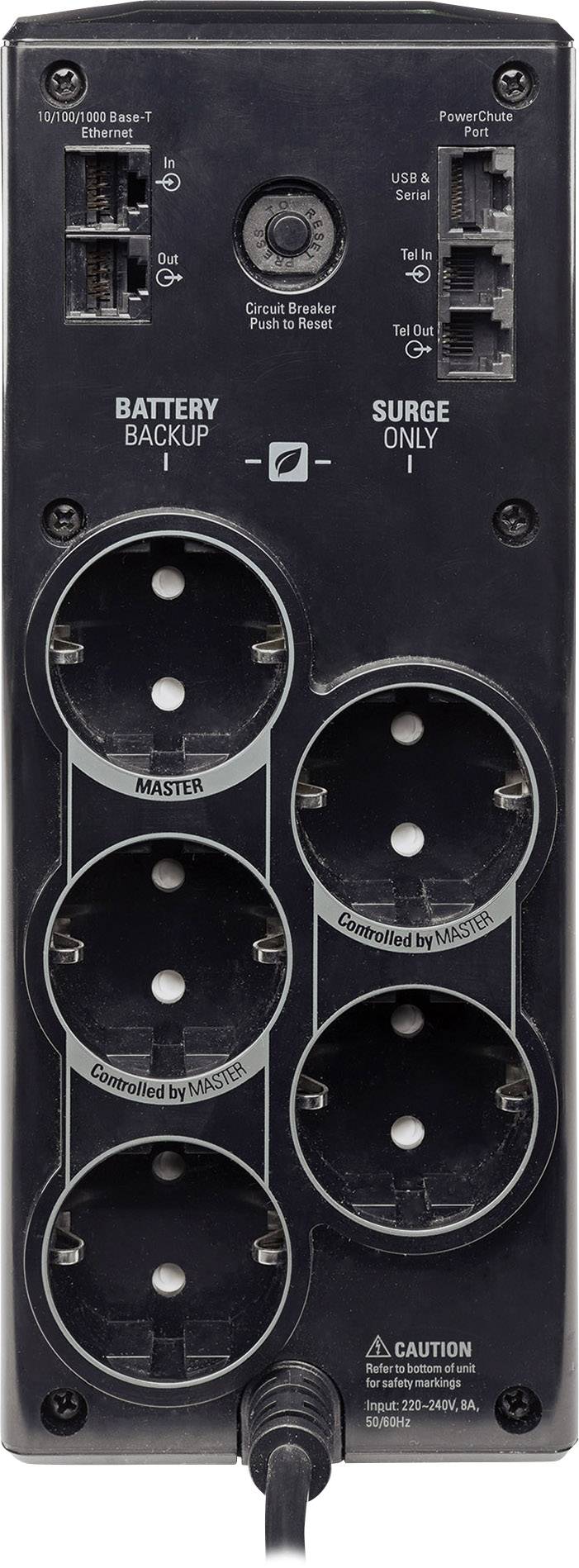 Stražnja strana neprekidne napajanja (UPS-a) sa šest utičnica, Ethernet i USB priključcima. Oznake za 'baterijski sigurnosni sustav' i 'zaštitu od prenapona'.