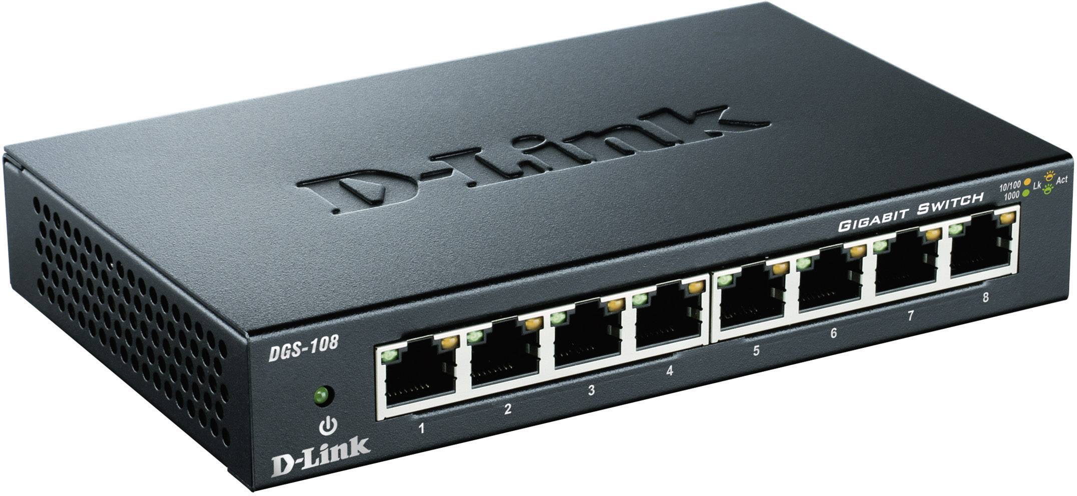 'D-Link Gigabit Switch DGS-108 s osam Ethernet portova i zelenom kontrolnom lampom na prednjoj strani.'