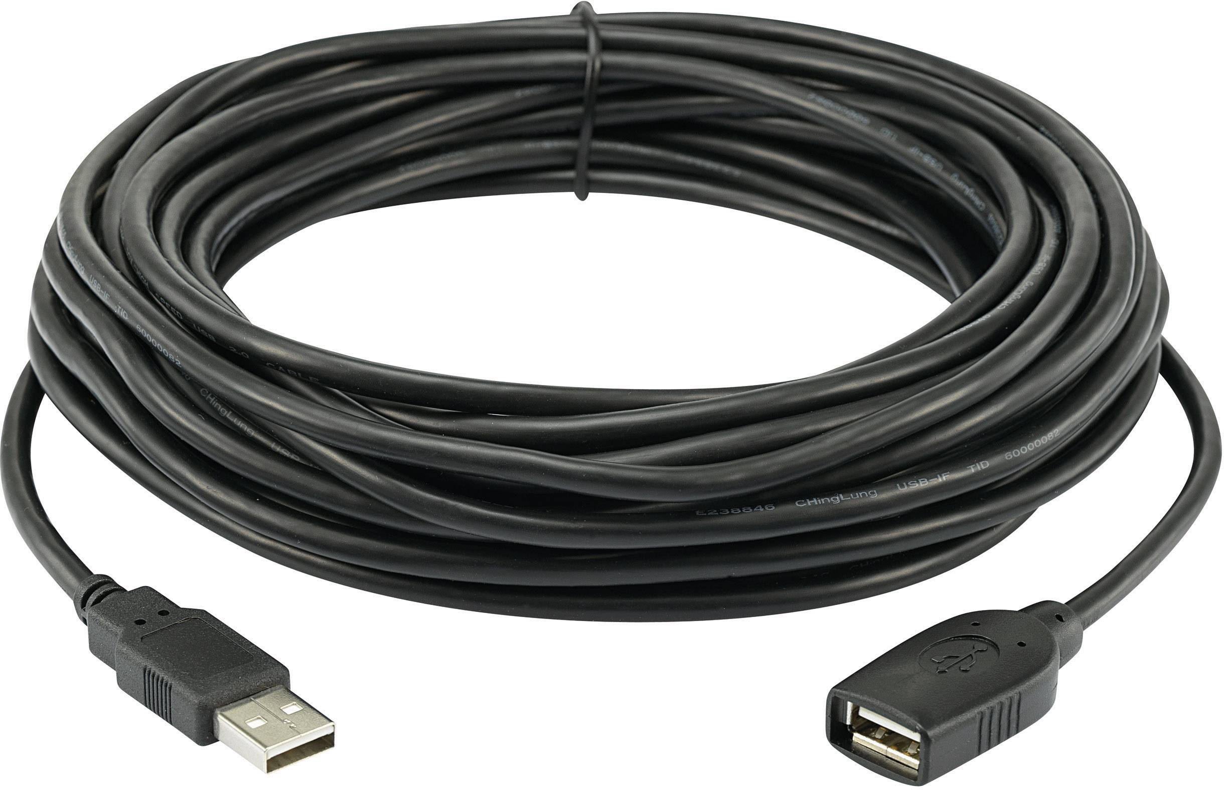 Dugi, crni USB produžni kabel s USB utikačem i USB utičnicom.