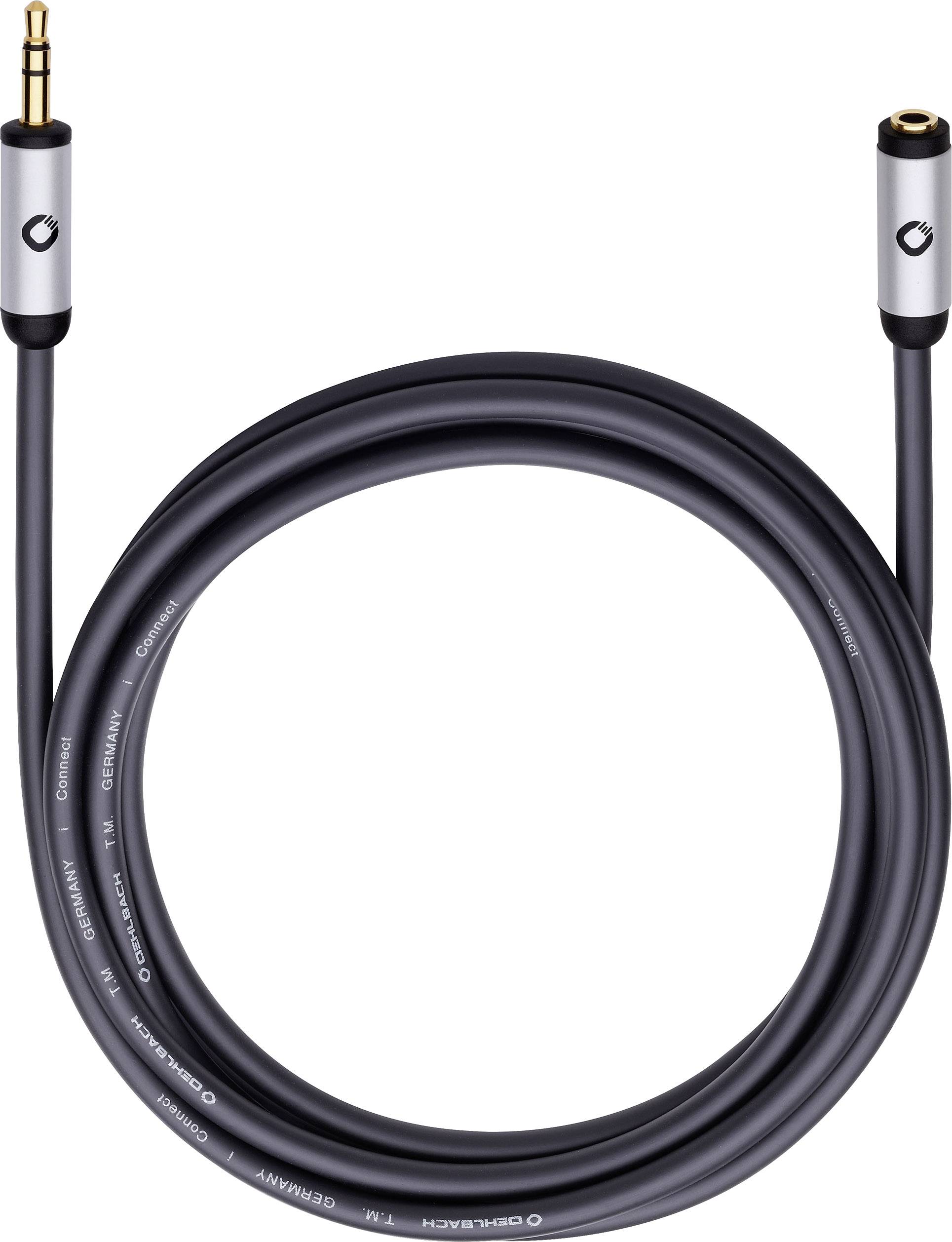 Crni audio kabel s 3,5-mm utikačem na jednoj strani i 3,5-mm utičnicom na drugoj strani.