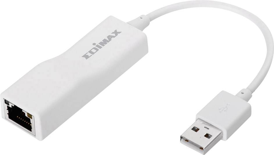 Bijeli USB-na-Ethernet adapter s USB utikačem na jednoj strani i Ethernet priključkom na drugoj strani.