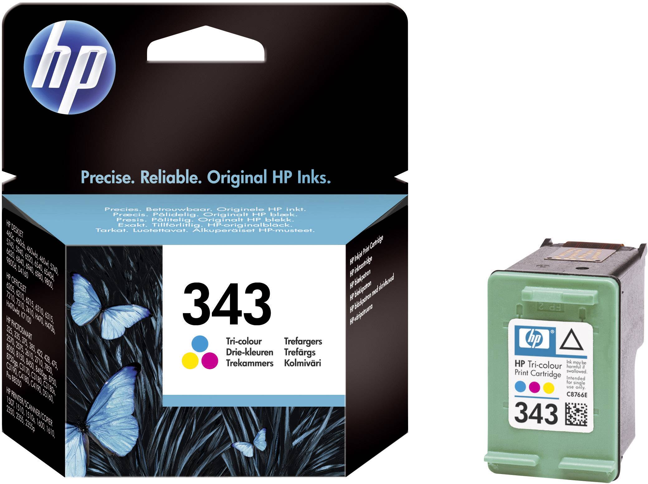 HP tinta patrona 343 u tri boje, pokraj pakiranja s plavim leptirima i tekstom 'Precizno. Pouzdano. Originalne HP tinte.'