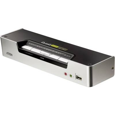 KVM-preklopnik s više priključaka i tipkama za prebacivanje. Prednja strana prikazuje audio priključke i USB priključak. Oznaka 'ATEN'.