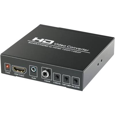 Crni HD videokonverter s HDMI izlazom, audio priključkom i različitim izlazima, uključujući 'koaksijalni' i 'CVBS/HD'.