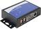 Crni USB-do-RS-232/422/485 serijski čvor iz metala s plavim štitom, prikazuje preklopnik i priključke sa strane.
