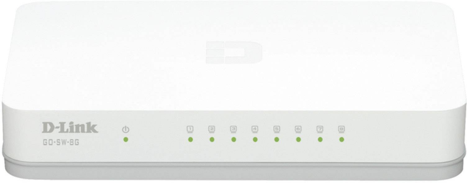 Bijeli D-Link mrežni switch s osam zelenih LED indikatora na prednjoj strani signalizira spremnost za rad.
