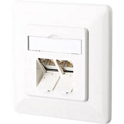 Dvostruka mrežna utičnica u bijeloj boji, s dva RJ45 priključka i uklonjivim poklopcem. Podesiva je za ugradnju na zid.