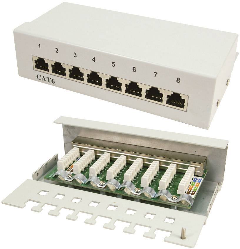 CAT6 patch panel s osam Ethernet porta. Gore zatvoren, dolje otvoren za pregled žičanja.