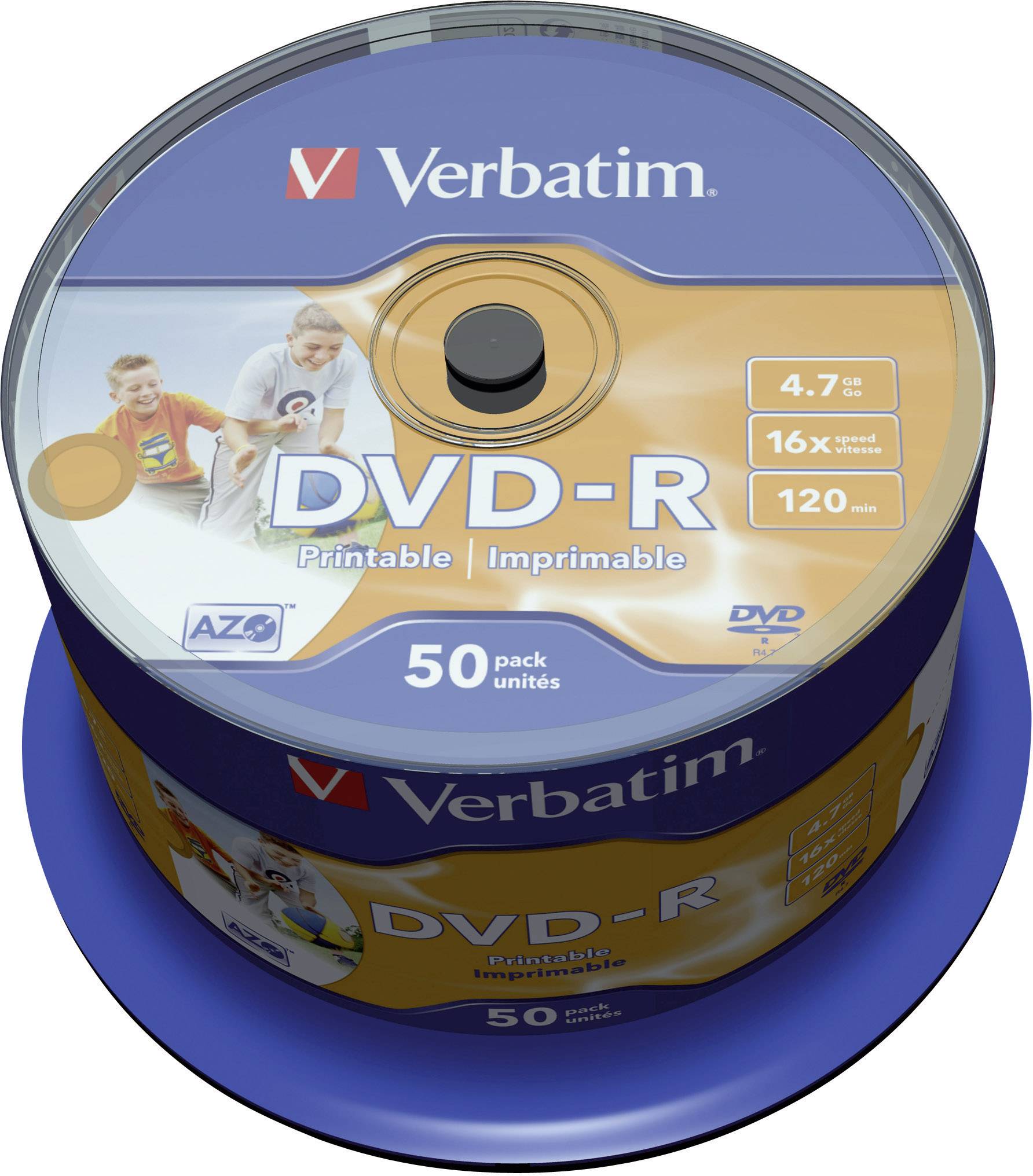 Vreteno DVD-R diskova Verbatim, 16x brzine, kapaciteta 4,7 GB, s mogućnošću ispisa na površini, 50 diskova po pakiranju.