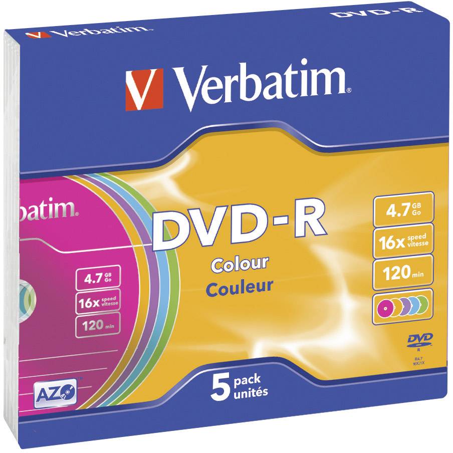 Verbatim DVD-R paket, 5 komada, 4,7 GB, 16x brzina, 120 min. Sadrži šarene diskove s natpisom 'Colour Couleur'.