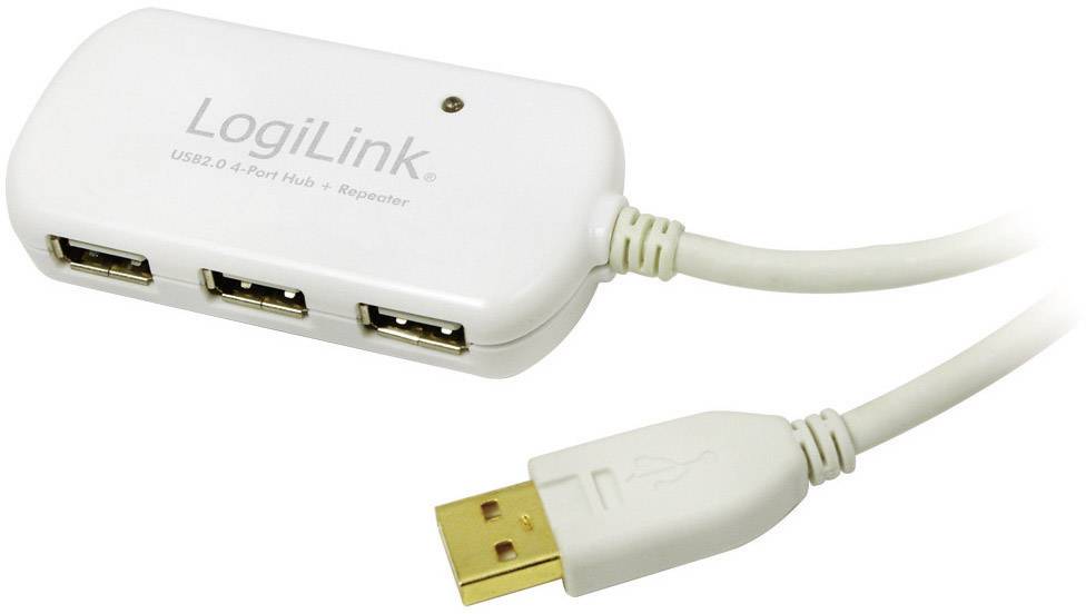 Bijeli USB 2.0 4-portni hub od LogiLinka s tri USB priključka i USB kabelom za spajanje na računalo.