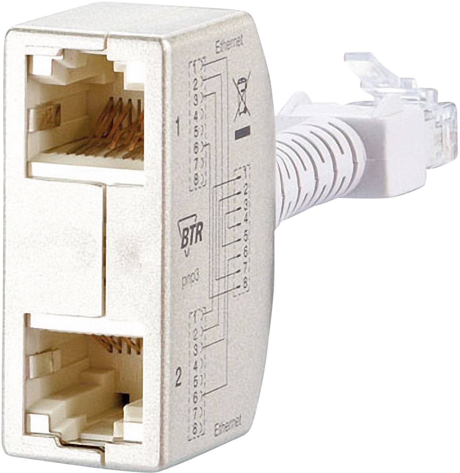 Mrežni adapter s dva Ethernet priključka, spojena Ethernet kabelom. Oznake i simboli vidljivi su na strani adaptera.