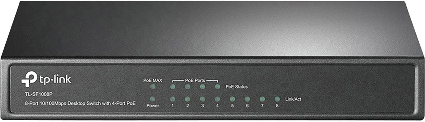 Crni TP-Link 8-portni 10/100 Mbps desktop preklopnik s 4 PoE porta. Prednja strana prikazuje LED indikatore za status i aktivnost.