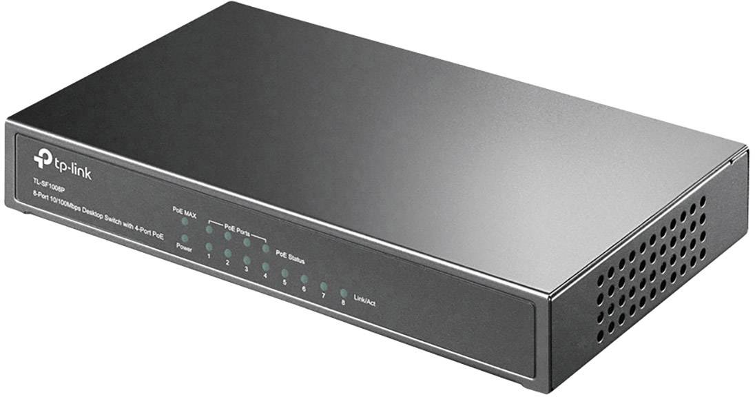 Crni TP-Link 8-portni gigabitni desktop switch s LED-ovima na prednjoj strani za prikaz statusa mreže.